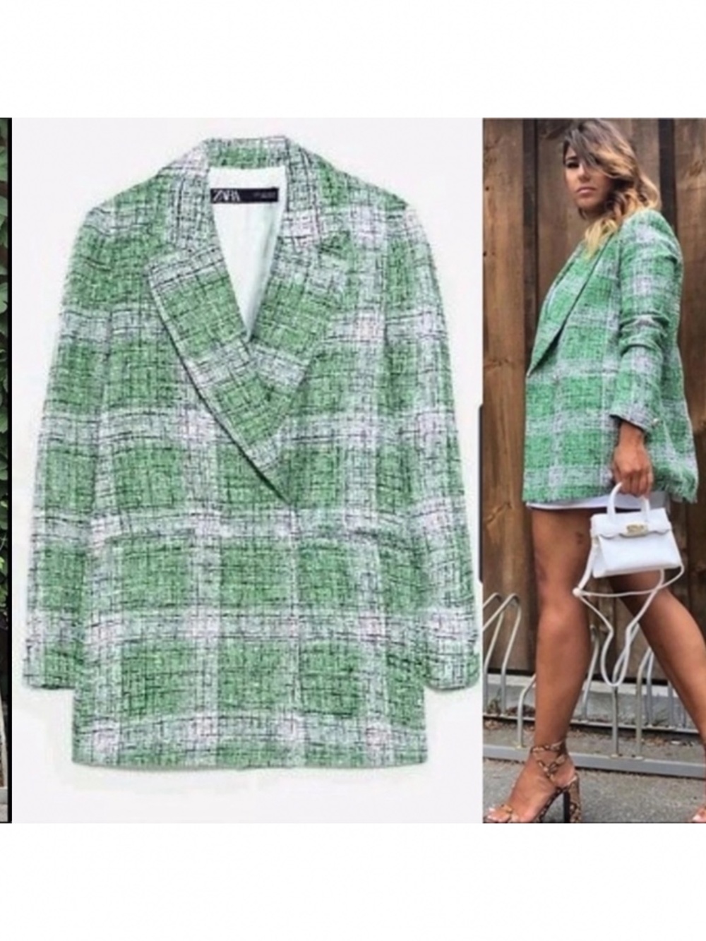 Zara Green Plaid Tweed Check Blazer Jacket Longline